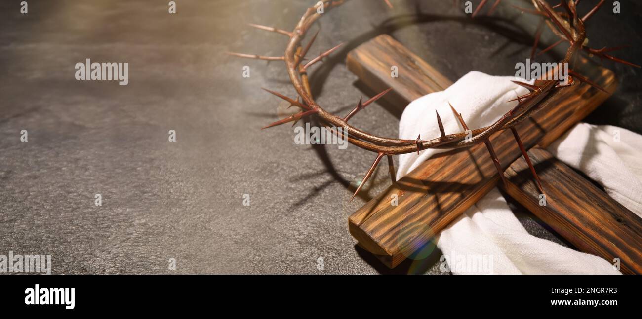 Crown Of Thorns Wooden Cross And Shroud On Grey Background With Space