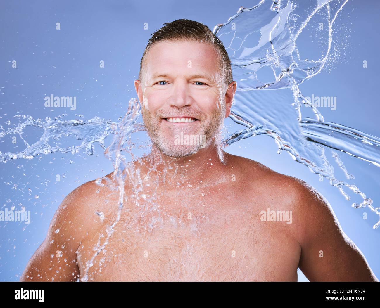 Portrait Water Splash And Mature Man In Studio For Cleaning Hygiene