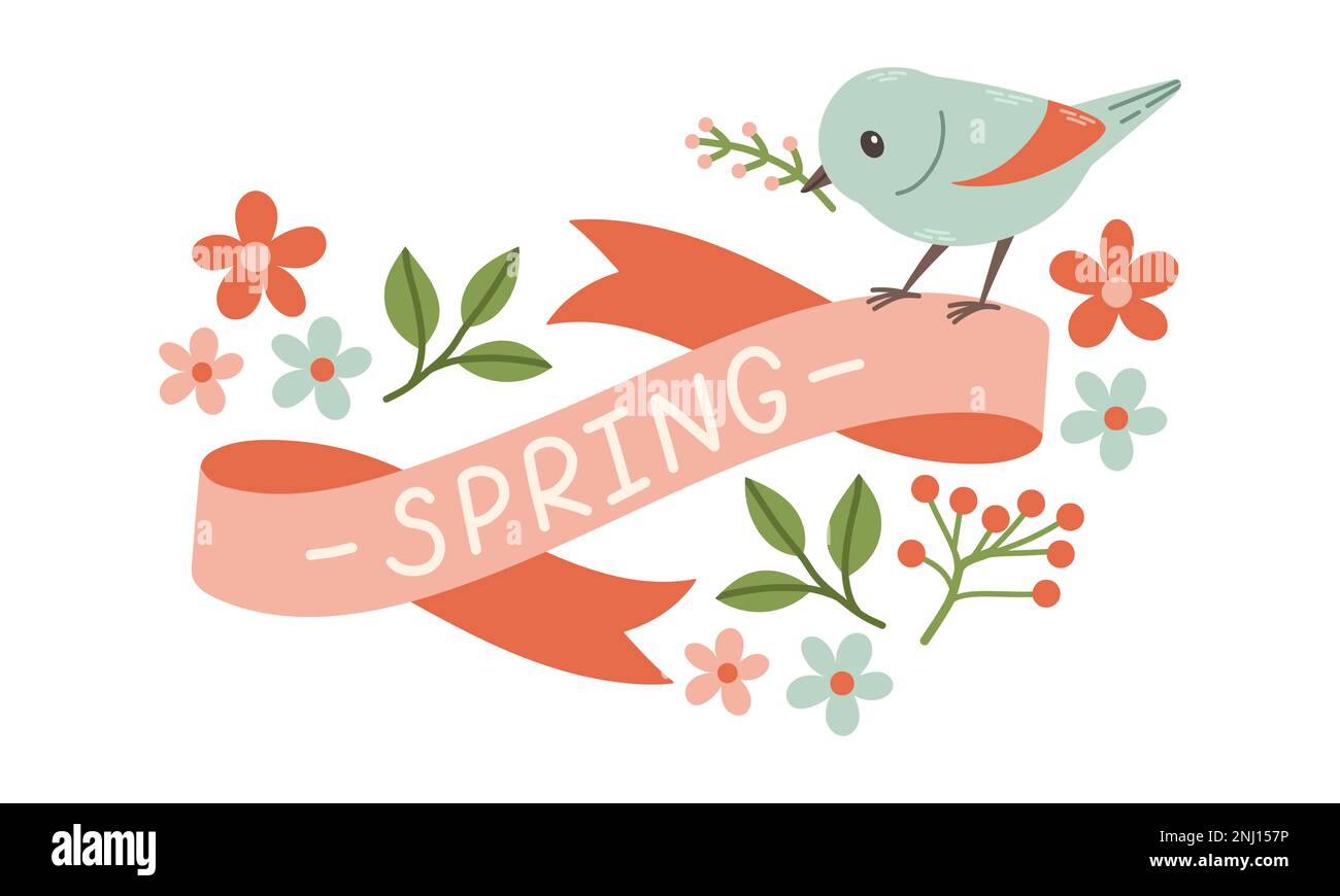 Spring Label With Season Quotes Bird Ribbon Hand Drawn Spring Vector