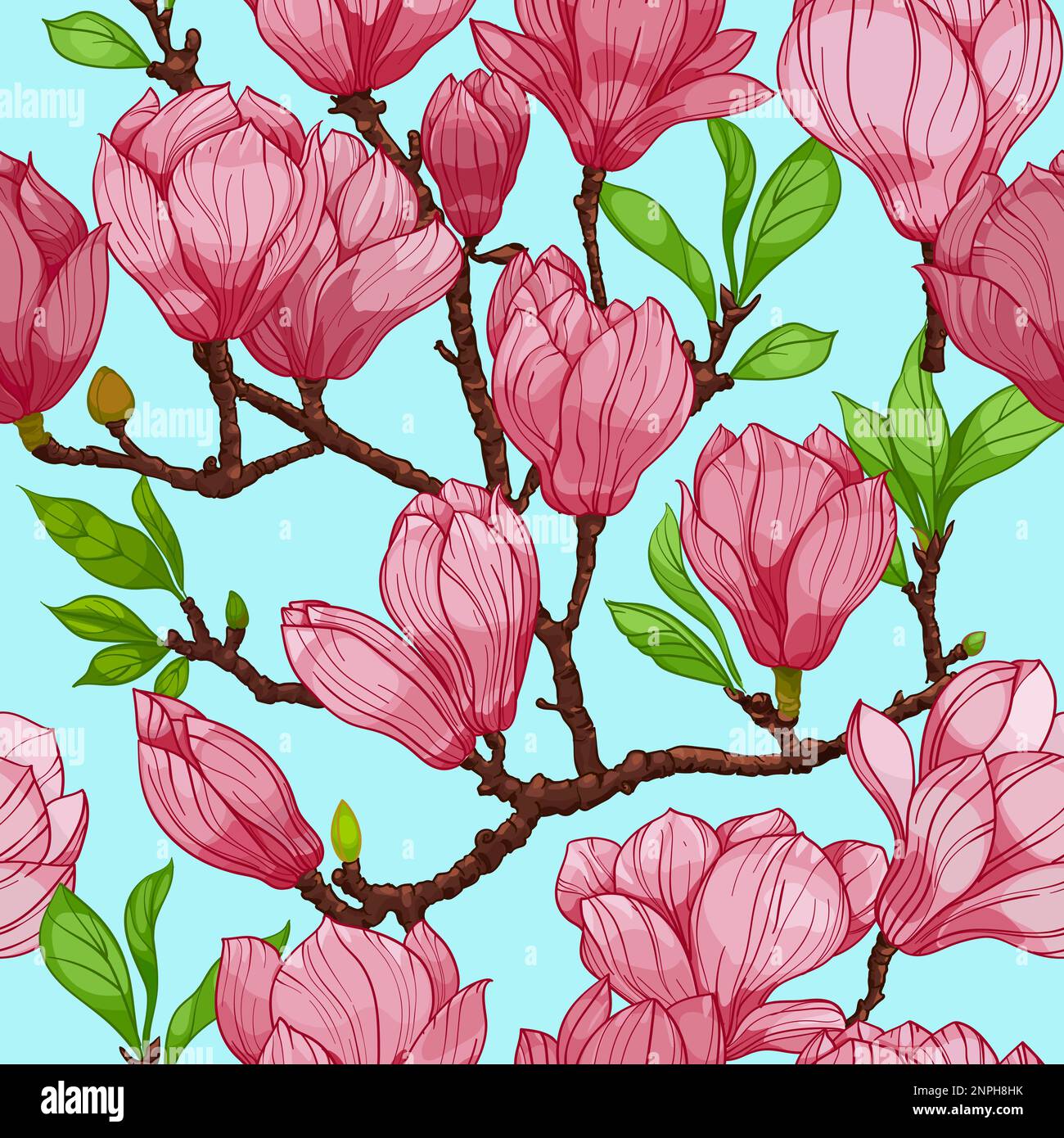 Pink Magnolia Flowers Seamless Pattern Hand Drawn Illustration Stock