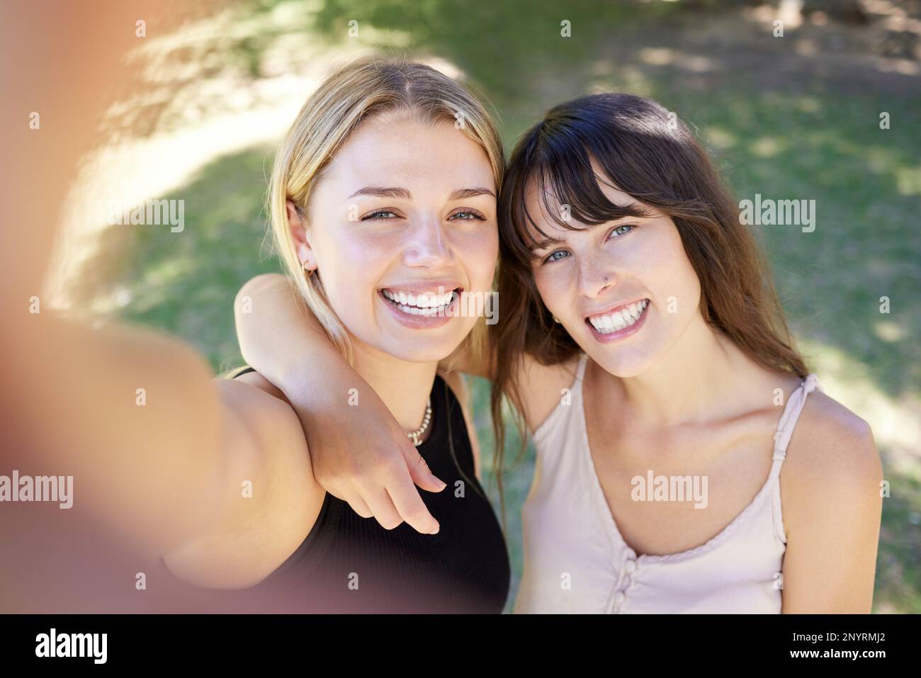 Happy Friends And Selfie With Women In Park For Bonding Relax And