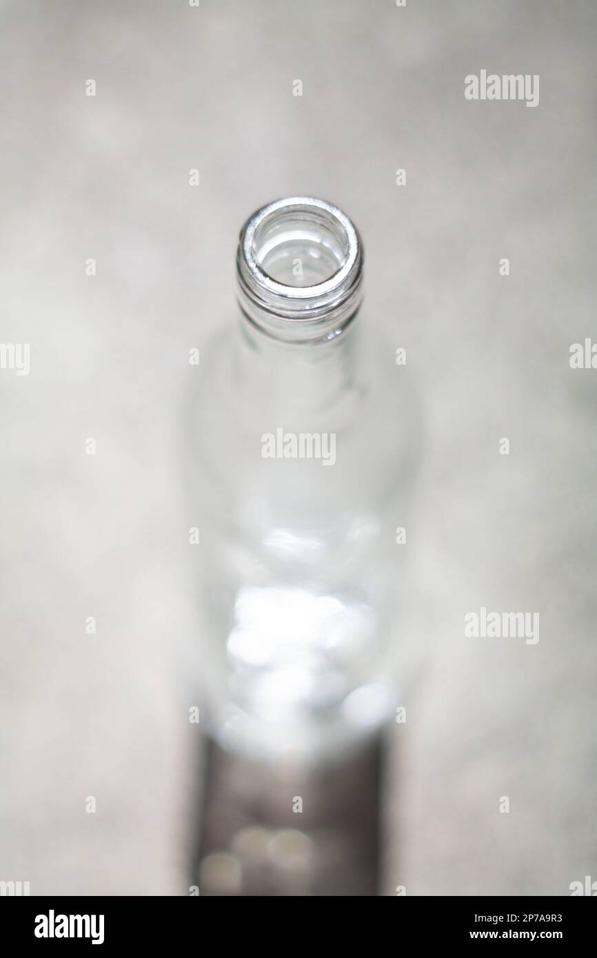 Clear Empty Glass Bottle Neck Close Up Shot Shallow Depth Of Field Top