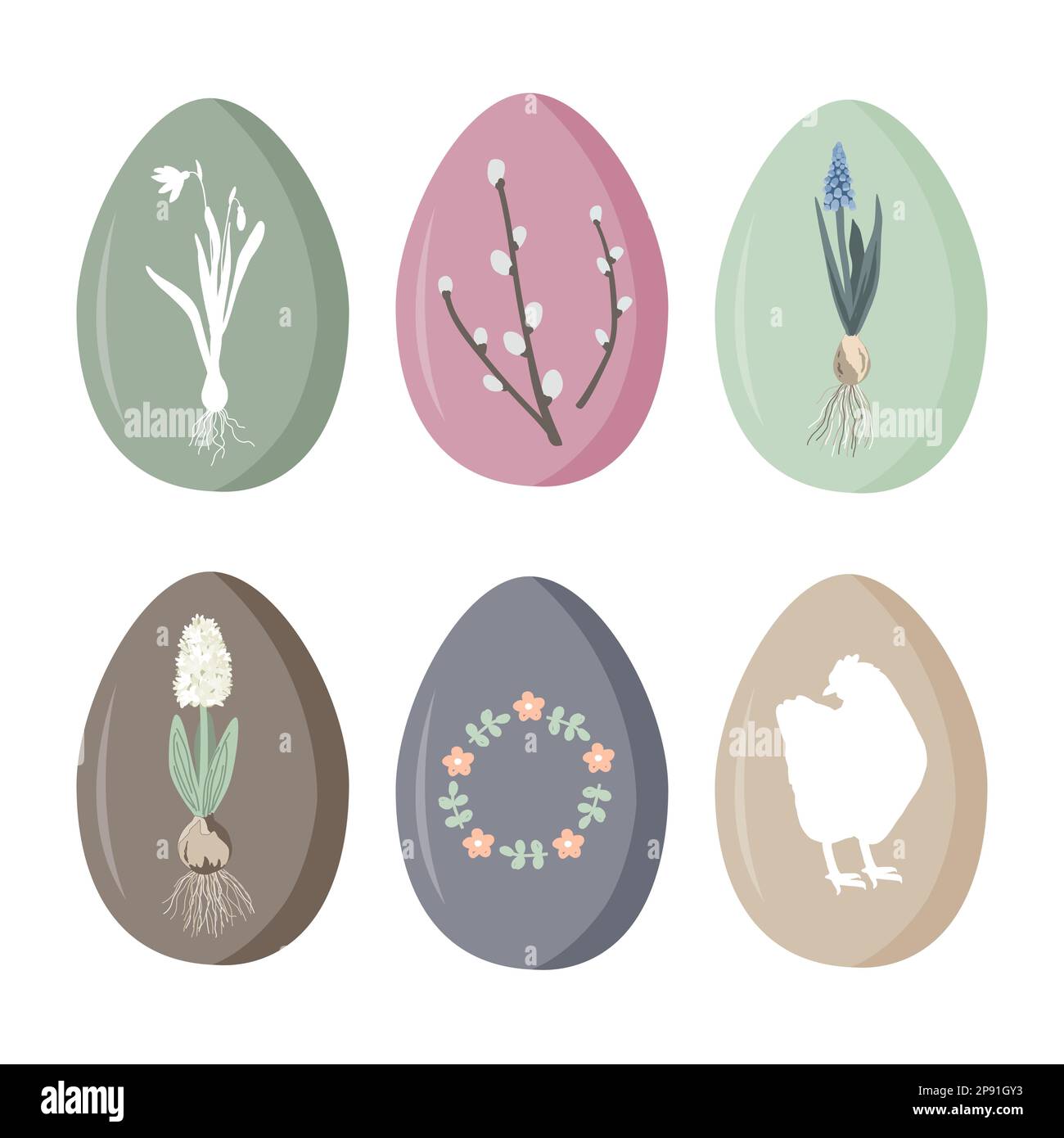 Set Of Vintage Easter Eggs With Floral Elements And Hen Silhouette