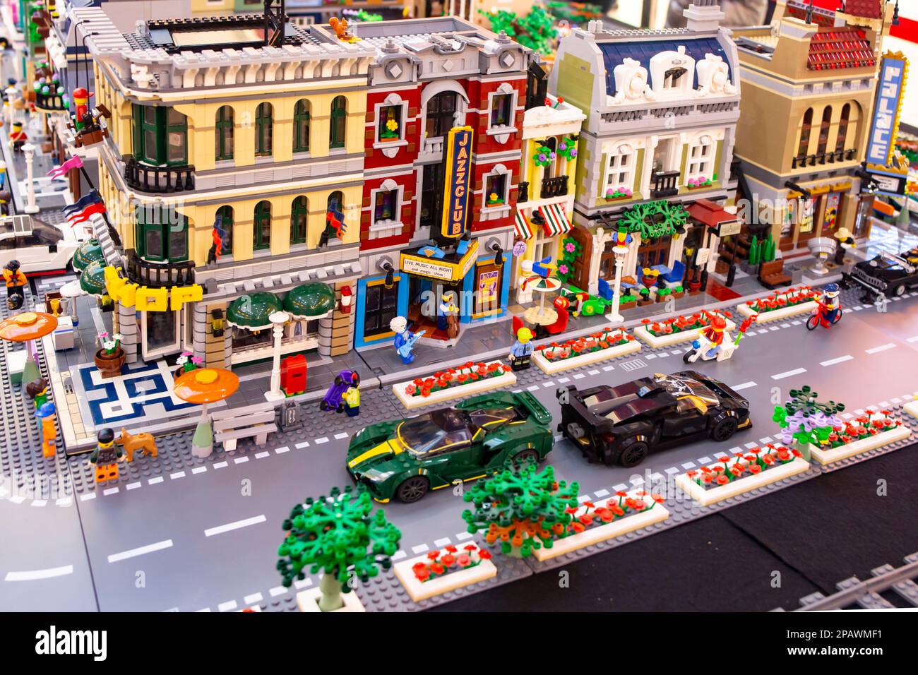 Urban Scene With Busy Street And Vintage Buildings Made From Lego