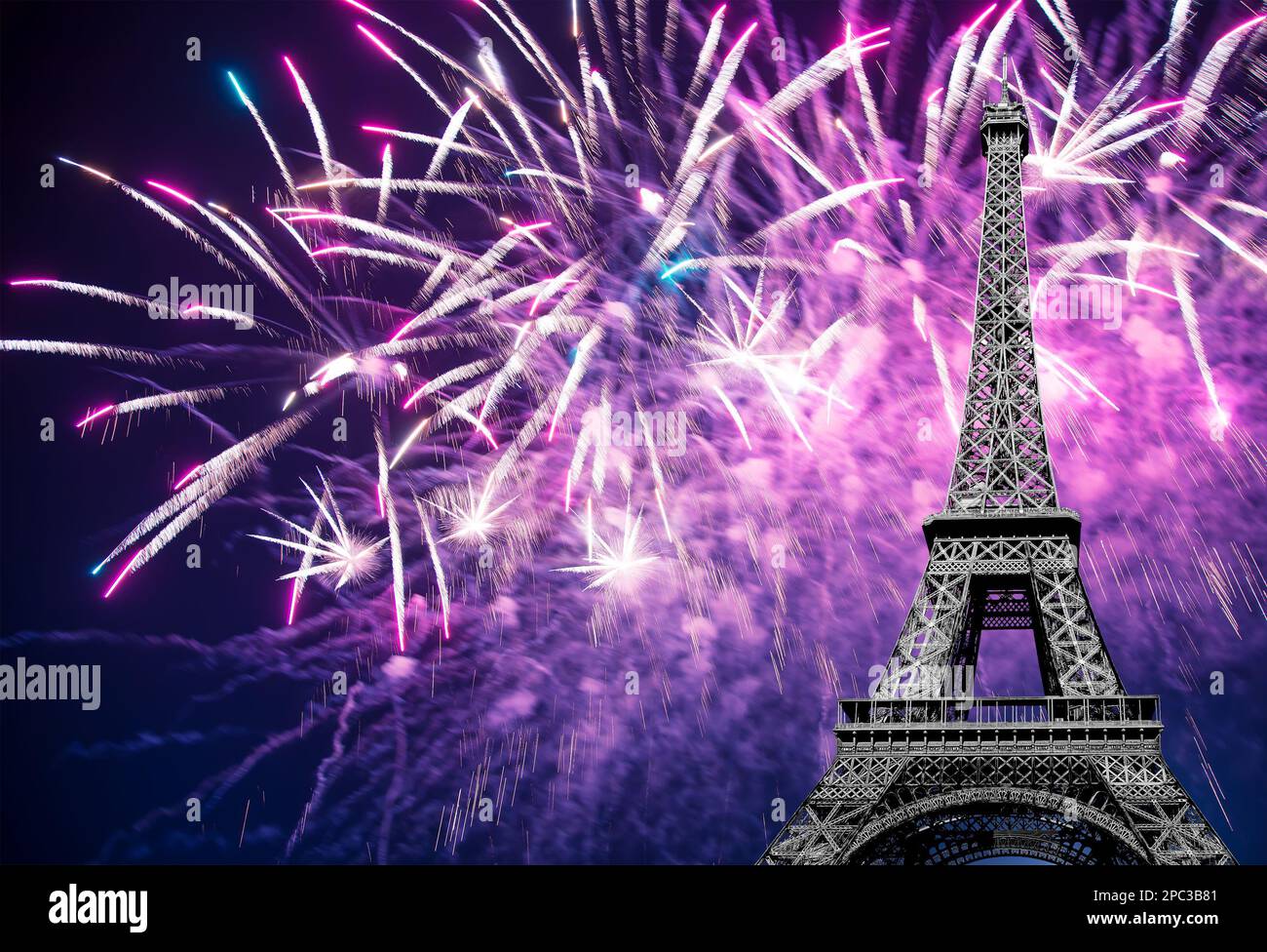 Celebratory Colorful Fireworks Over The Eiffel Tower In Paris France