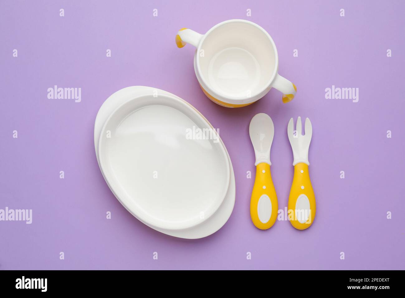 Set Of Plastic Dishware On Violet Background Flat Lay Serving Baby