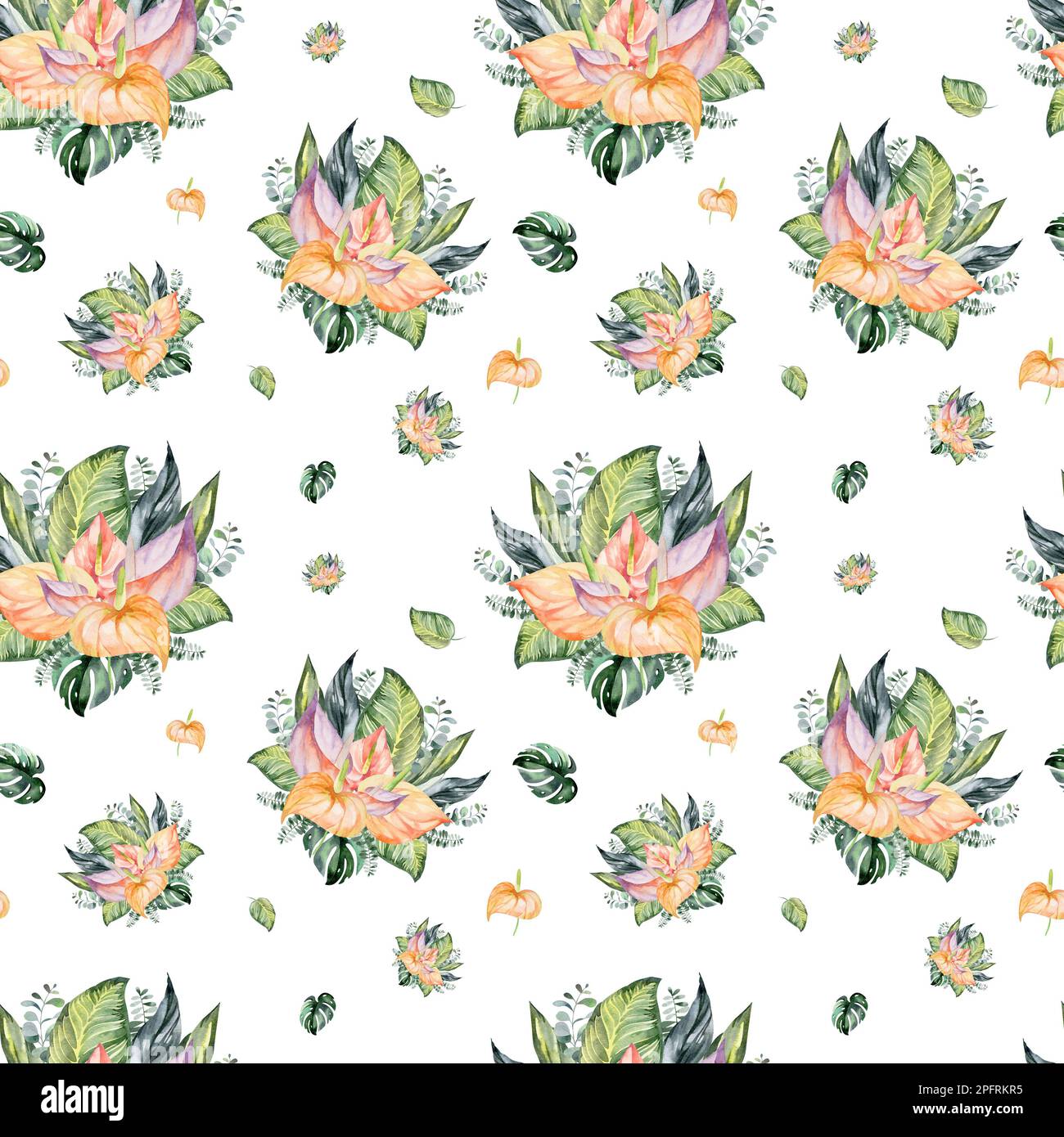 Watercolor Seamless Pattern Floral Background Tropical Blooming