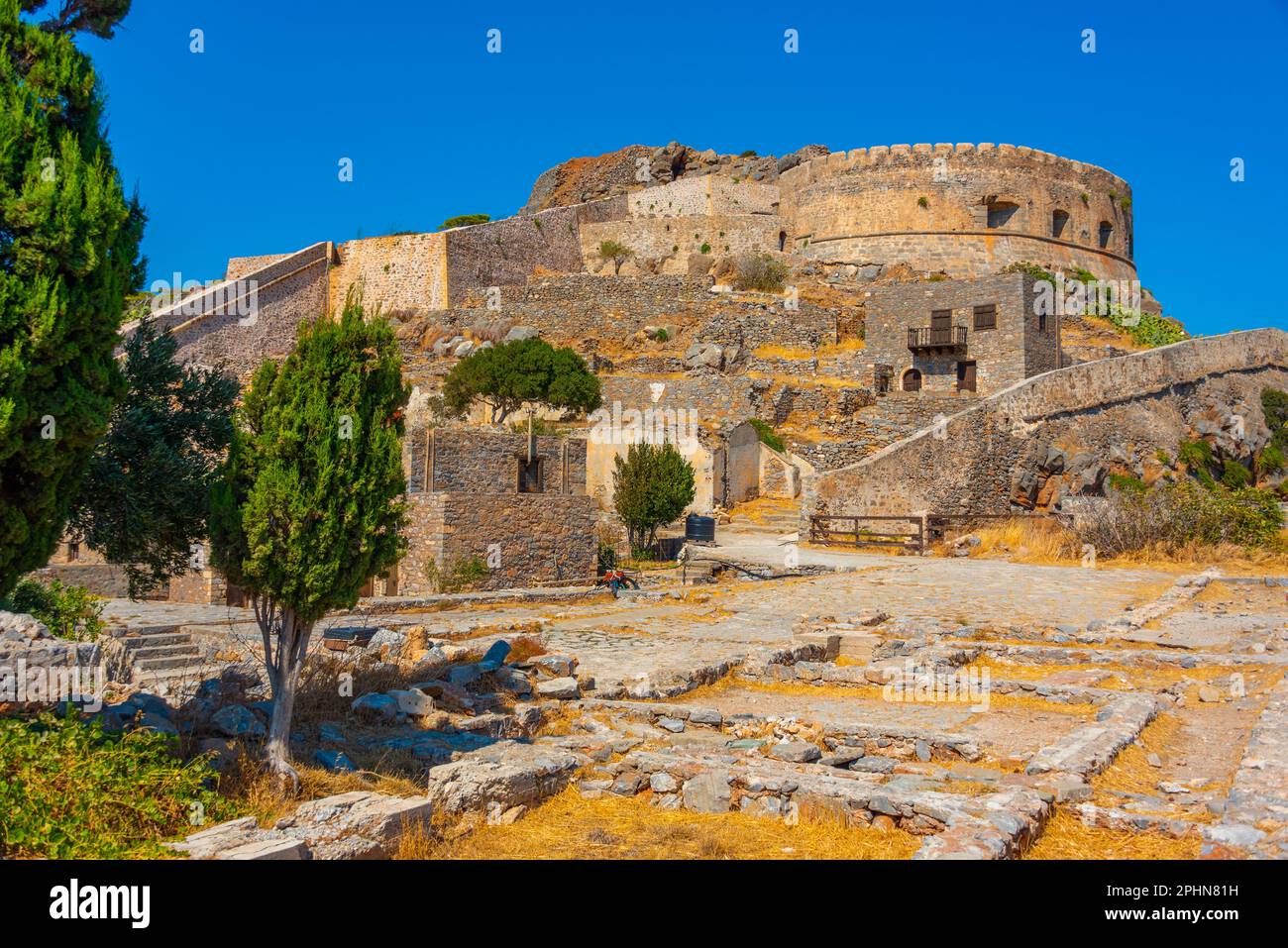 Old Buildings At Spinalonga Fortress At Greek Island Crete Stock Photo