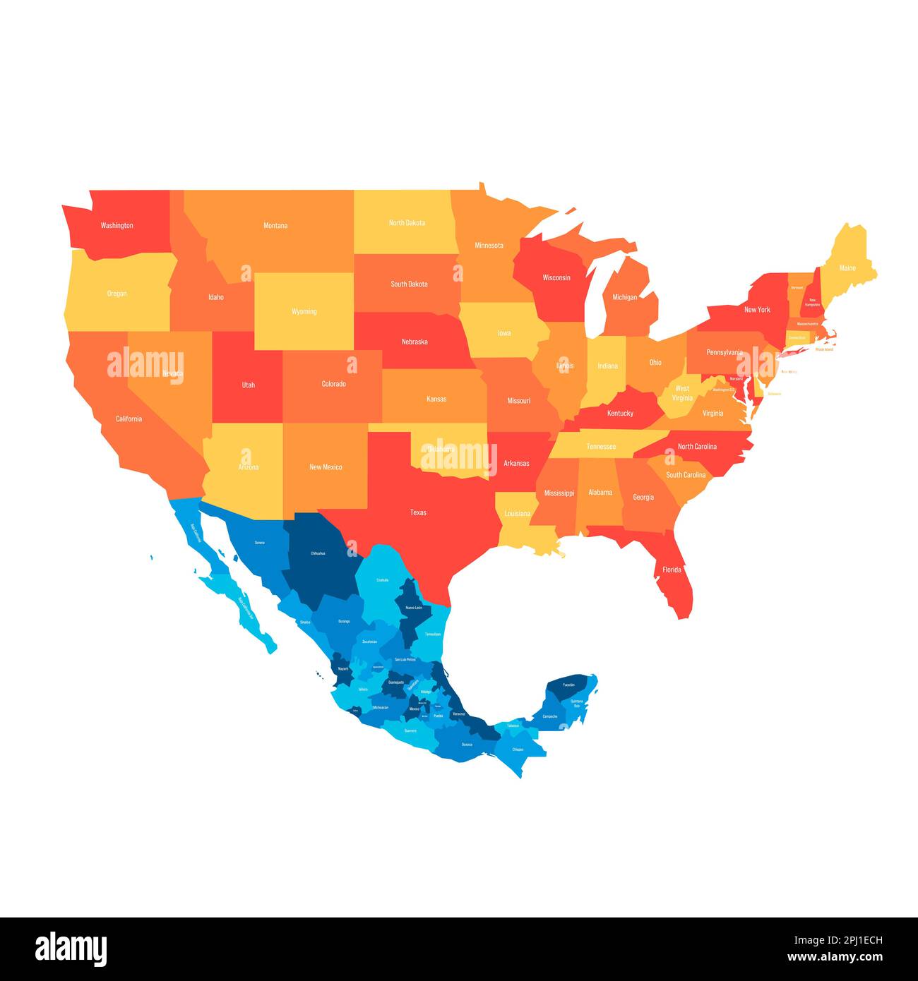 United States And Mexico Political Map Of Administrative Divisions