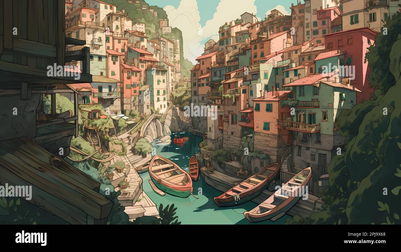 Illustration Of The Small Fishing Village Of Riomaggiore Cinque Terre