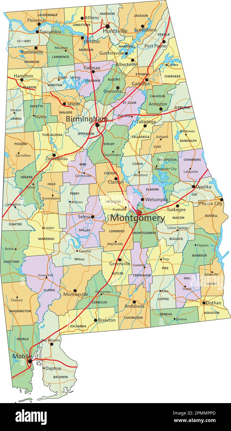 Alabama Highly Detailed Editable Political Map With Labeling Stock