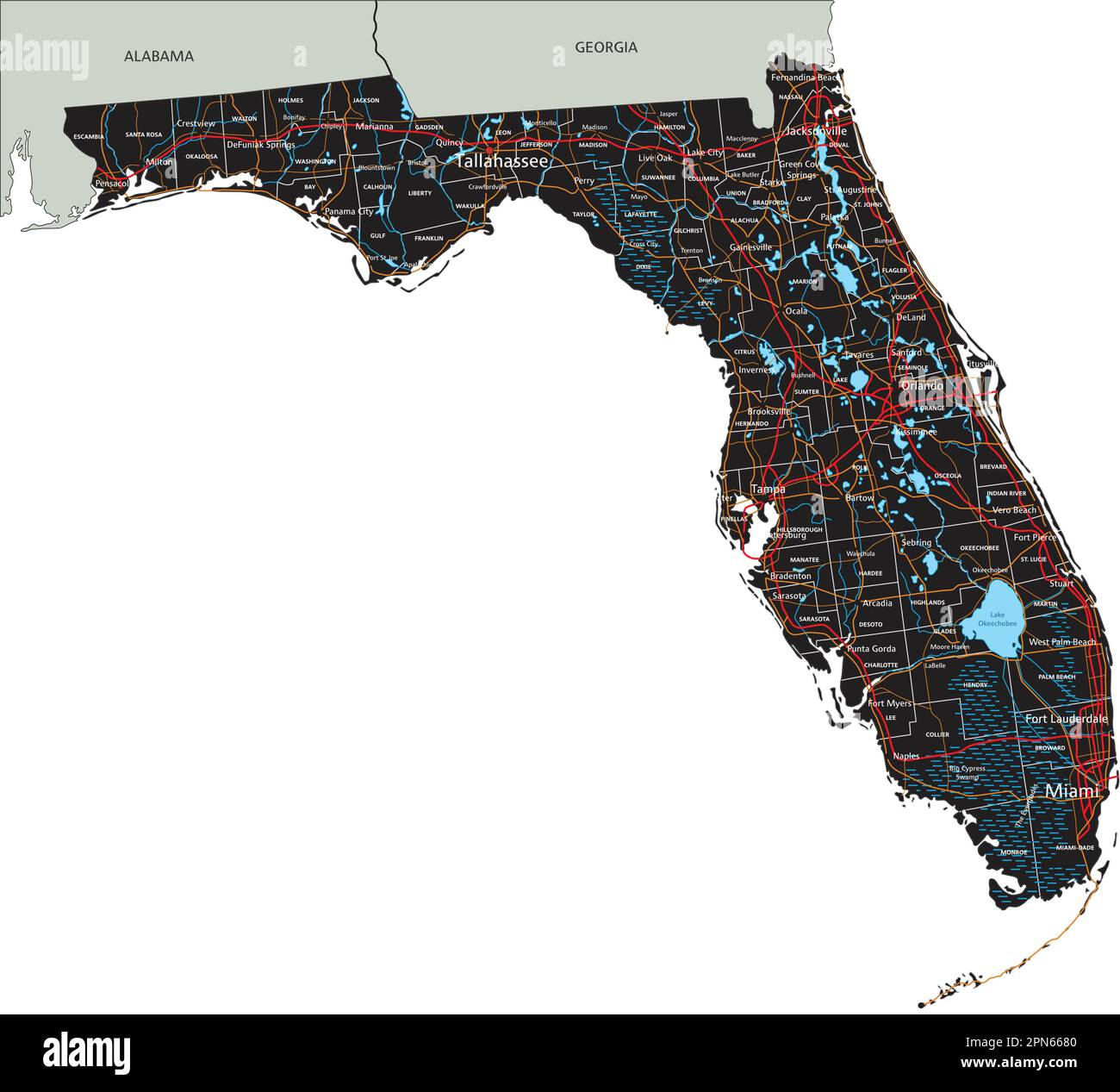 High Detailed Florida Road Map With Labeling Stock Vector Image Art