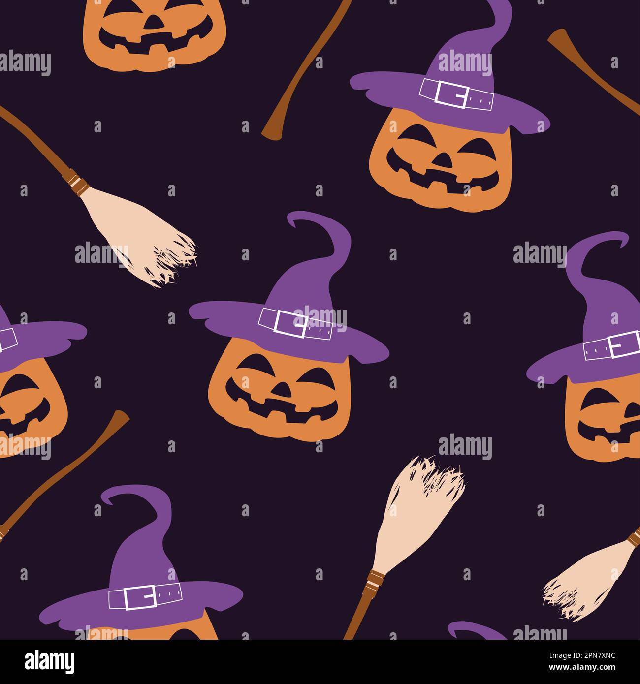 Helloween Broom And Pumpking Seamless Pattern Illustration Witch