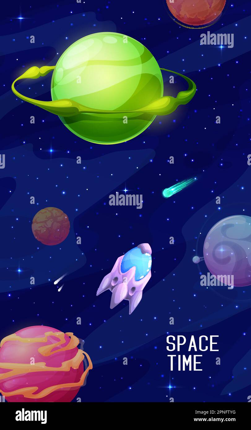 Spaceship Between Galaxy Space Planets And Stars Cartoon Landscape