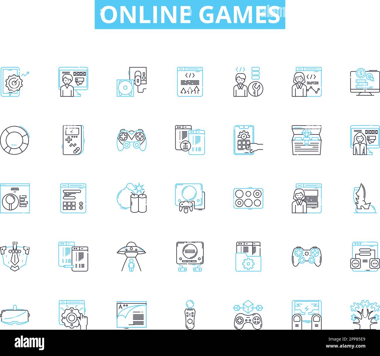 Online Games Linear Icons Set Gaming Multiplayer Virtual Adventure