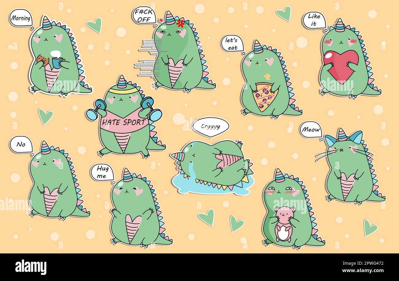 Sticker Set DinoCorn Dinosaur Unicorn Cartoon Dragon Cute Creatures