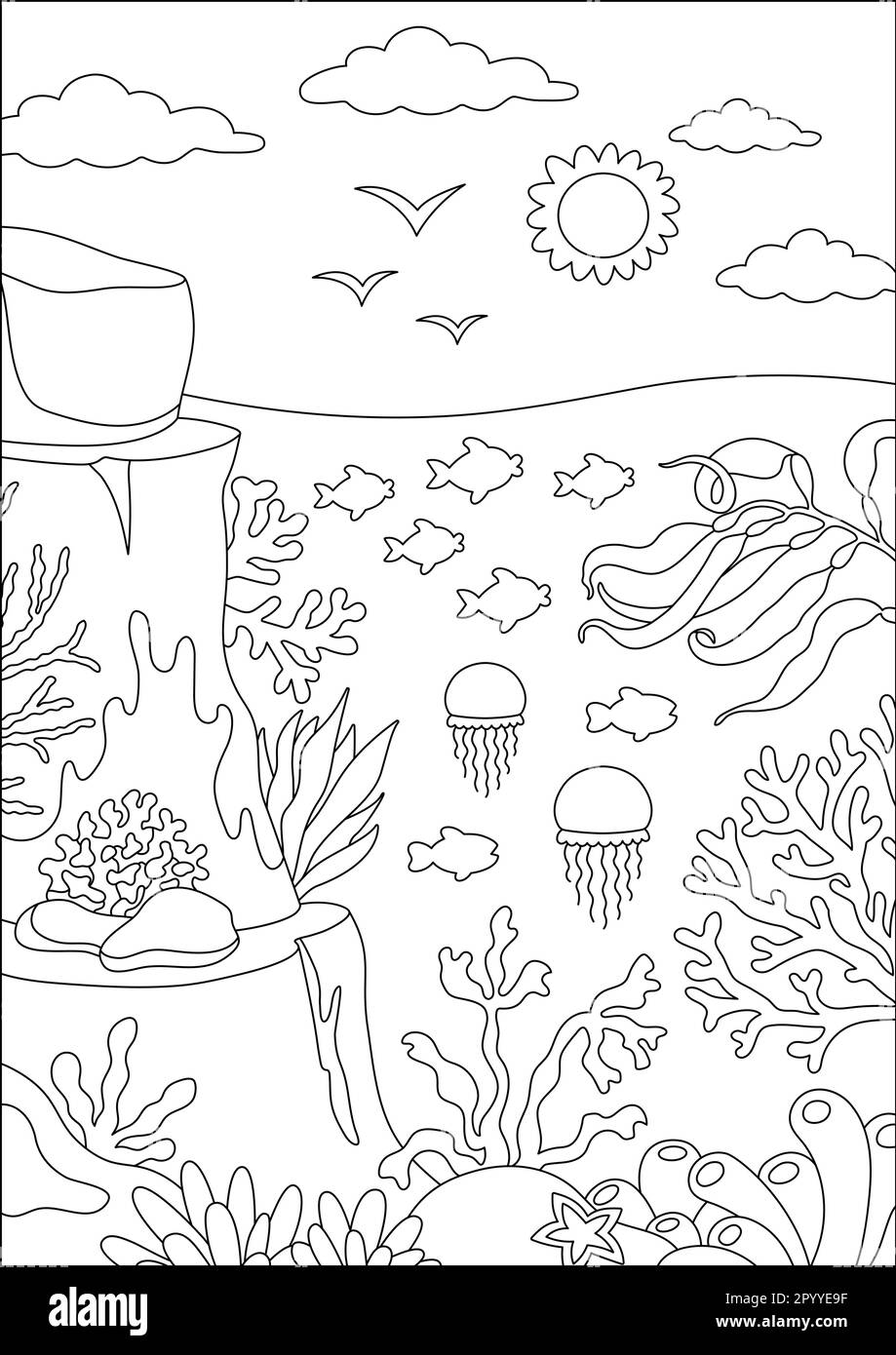 Vector Black And White Under The Sea Landscape Illustration Ocean Life