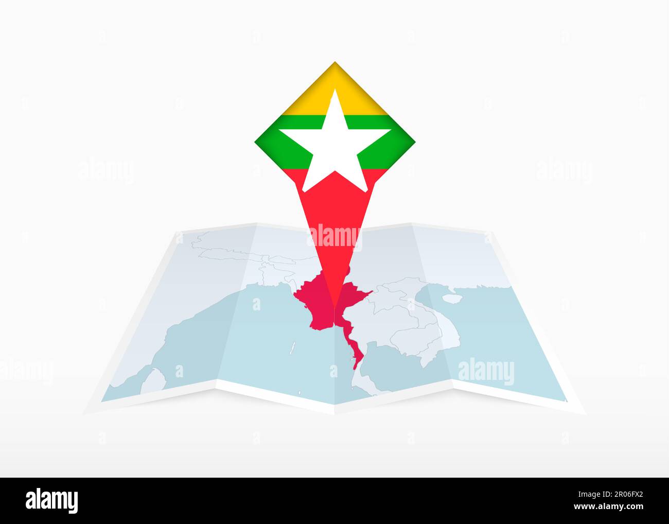 Myanmar Is Depicted On A Folded Paper Map And Pinned Location Marker