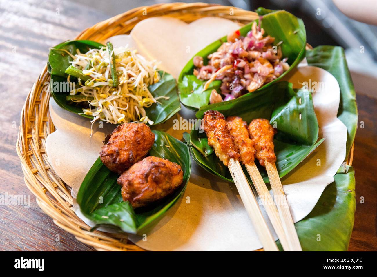 Traditional Balinese Food Served In Banana Leaves Gado Gado Sate