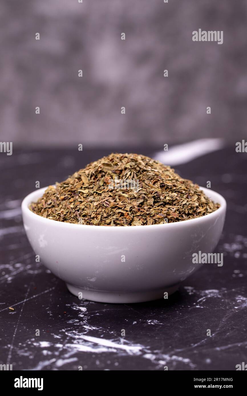 Dried Crushed Basil On Dark Background Dried Ground Basil Powder