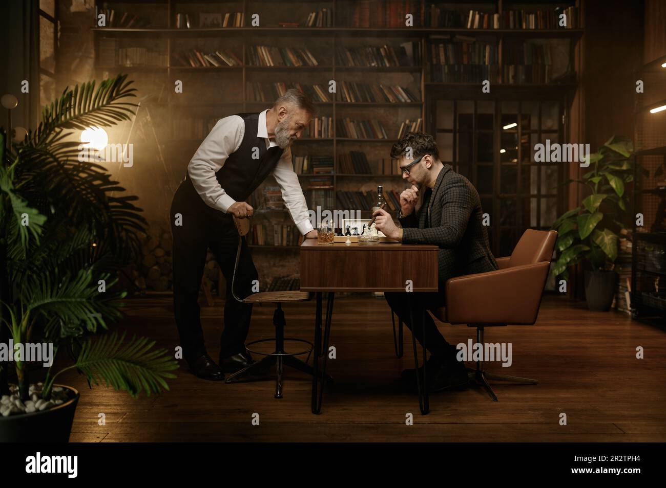 Two Nervous Chess Players Looking At Chessboard Over Cozy Home Interior