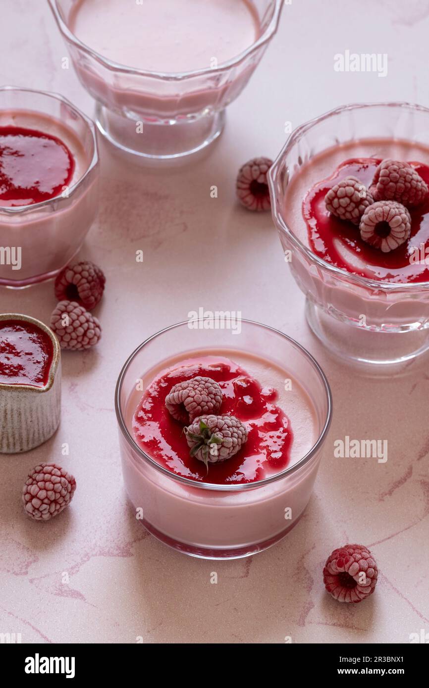 Raspberry Panna Cotta With Raspberry Sauce Stock Photo Alamy