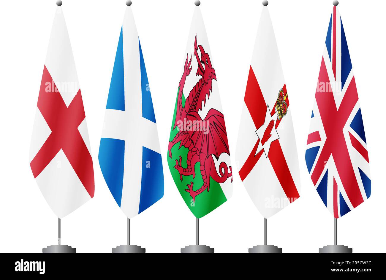 Five Flags Of United Kingdom Countries On Flag Stands Vector Stock