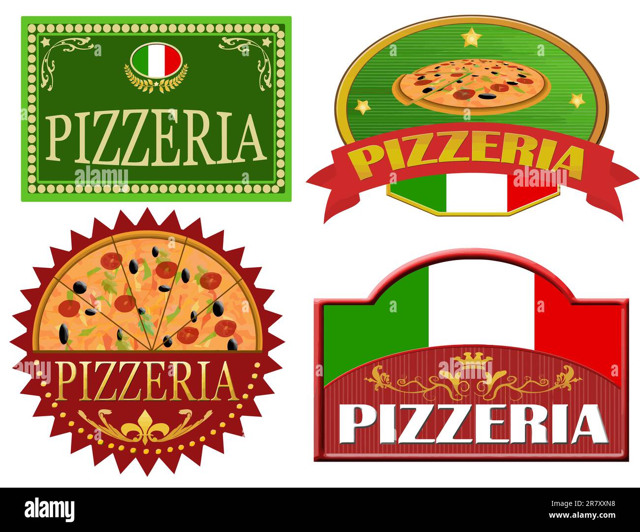 Set Of Pizzeria Labels Design On White Vector Illustration Stock