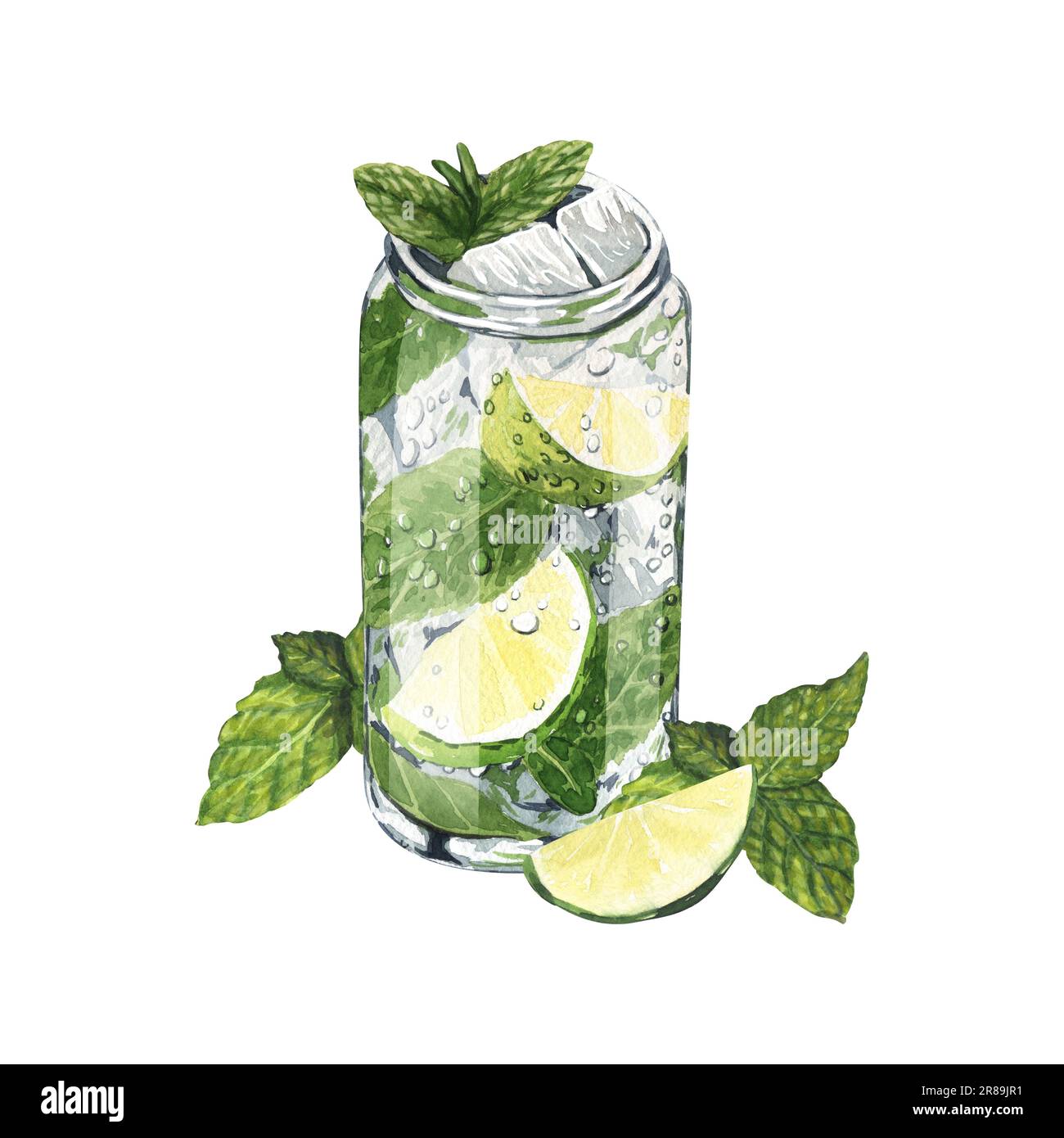 Watercolor Mojito Summer Refreshing Cocktail Mint Leaves Ice And Lime