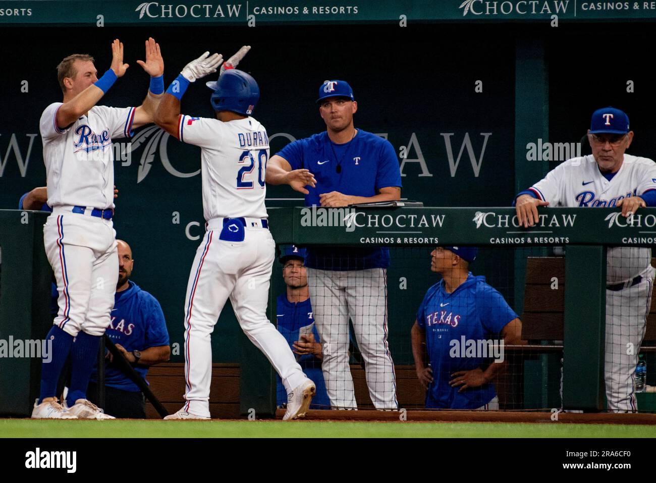 Texas Rangers Shortstop Ezequiel Duran High Fives Texas Rangers