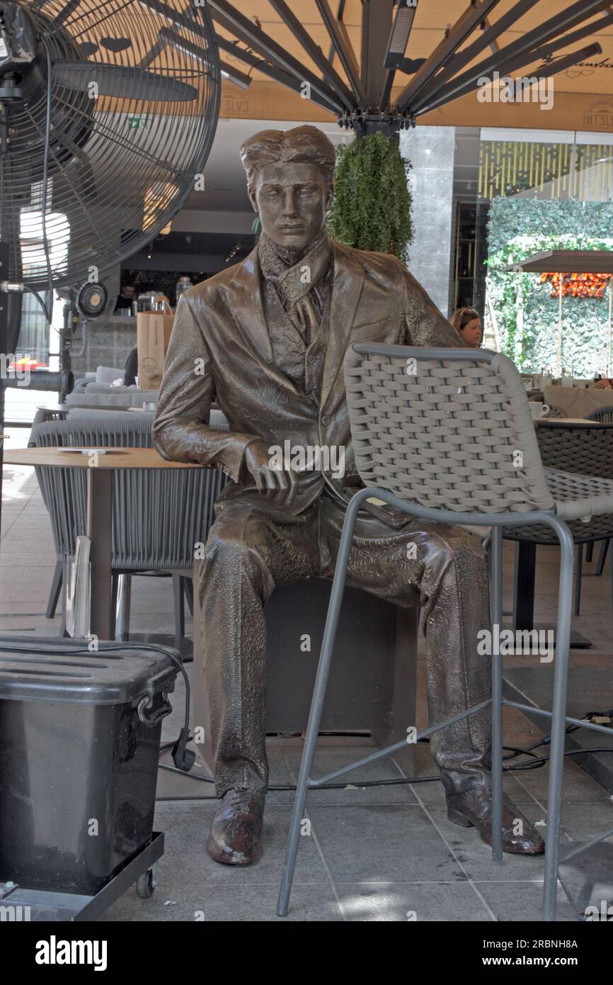 ZAGREB CROATIA JULY 3 2023 Coffee With Nikola Tesla Sculpture Of