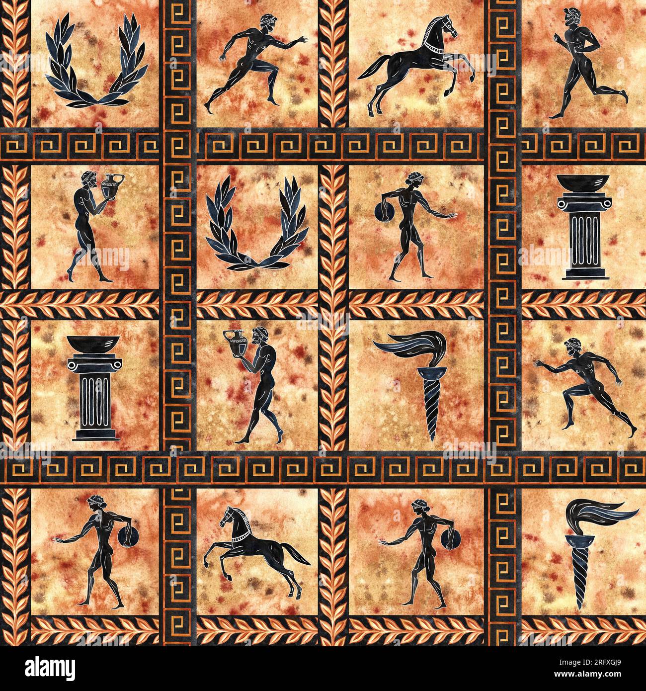 Seamless Checkered Pattern With Ancient Greek Olympic Athletes In The