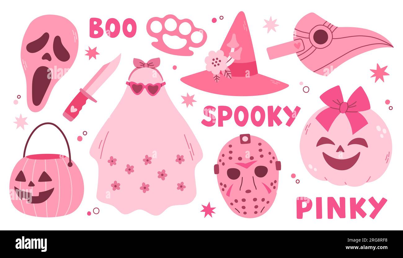 Pink Halloween Vector Set With Ghost Skull Masks Pumpkin Stars