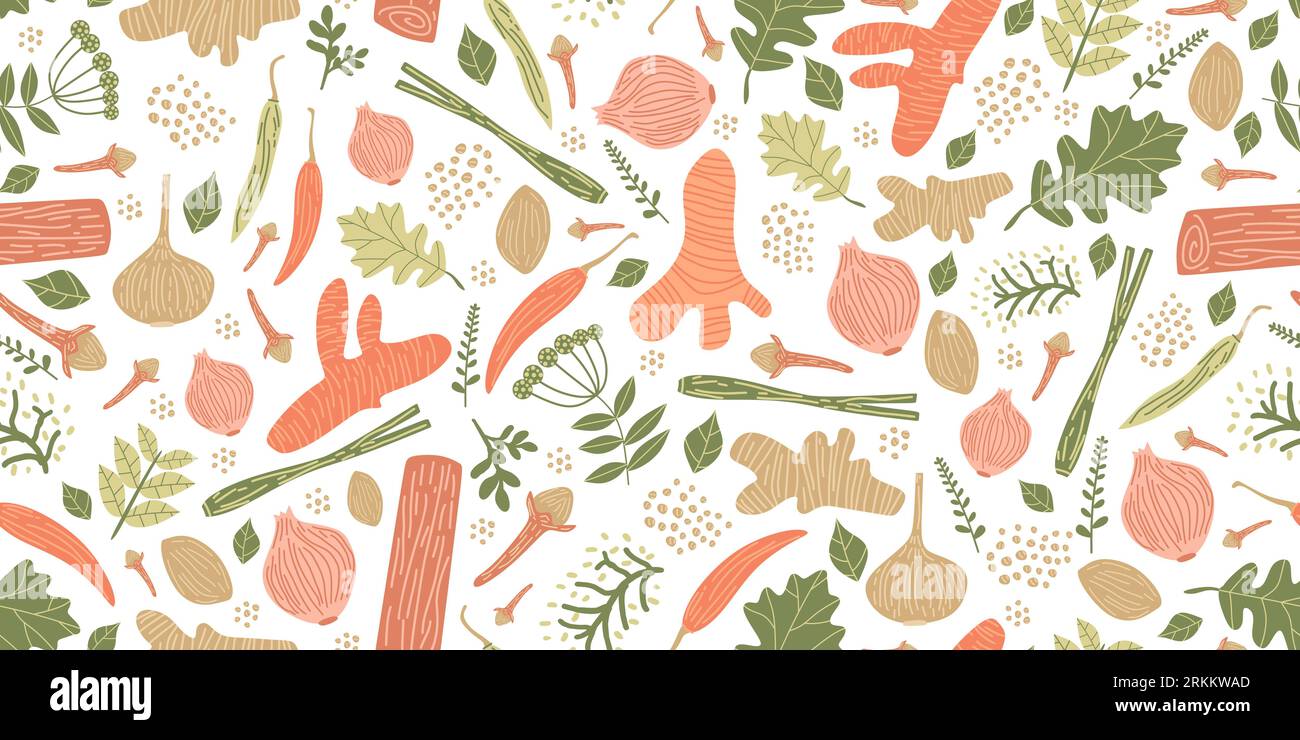 Seamless Pattern With Herbs And Spices Hand Drawn Hand Drawn Seamless