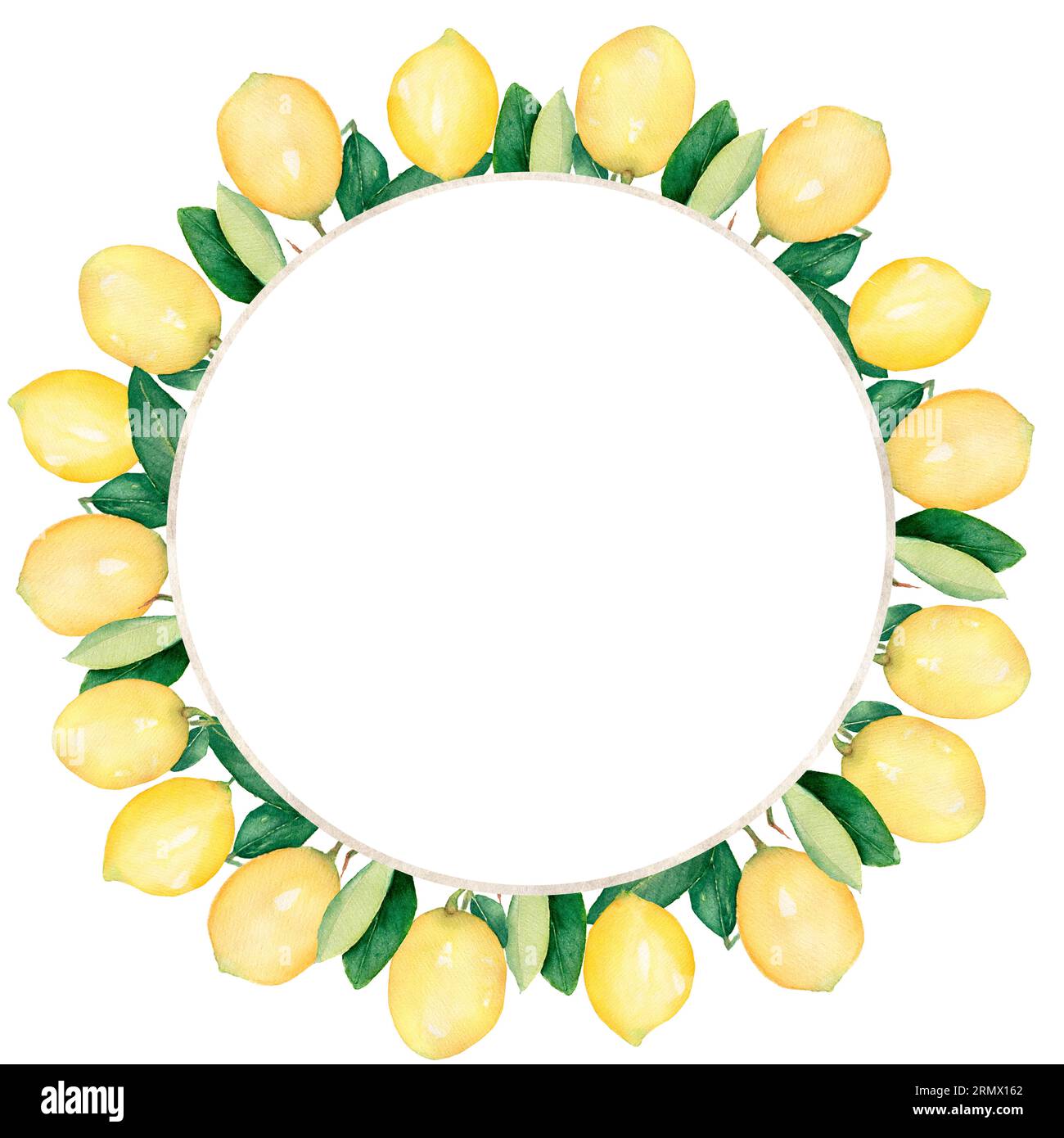 Watercolor Lemon Wreath Illustration Citrus Fruit Frame Clipart Stock