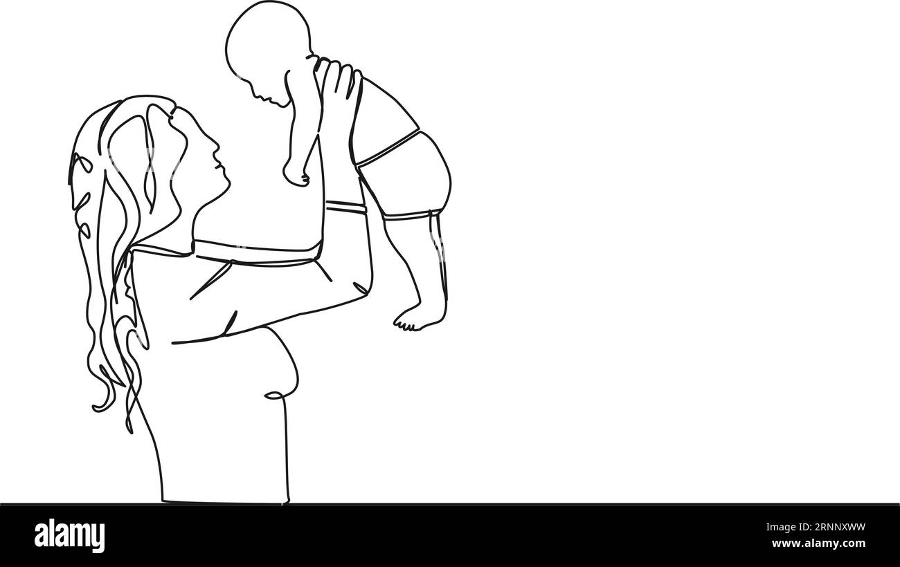 Continuous Single Line Drawing Of Mother Holding Up Her Baby Line Art