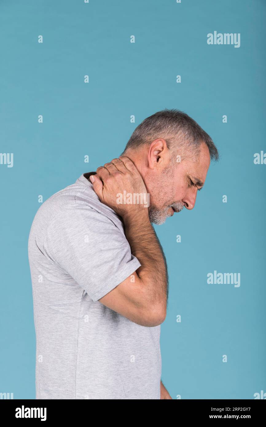 Side View Mature Man Suffering From Neck Pain Stock Photo Alamy