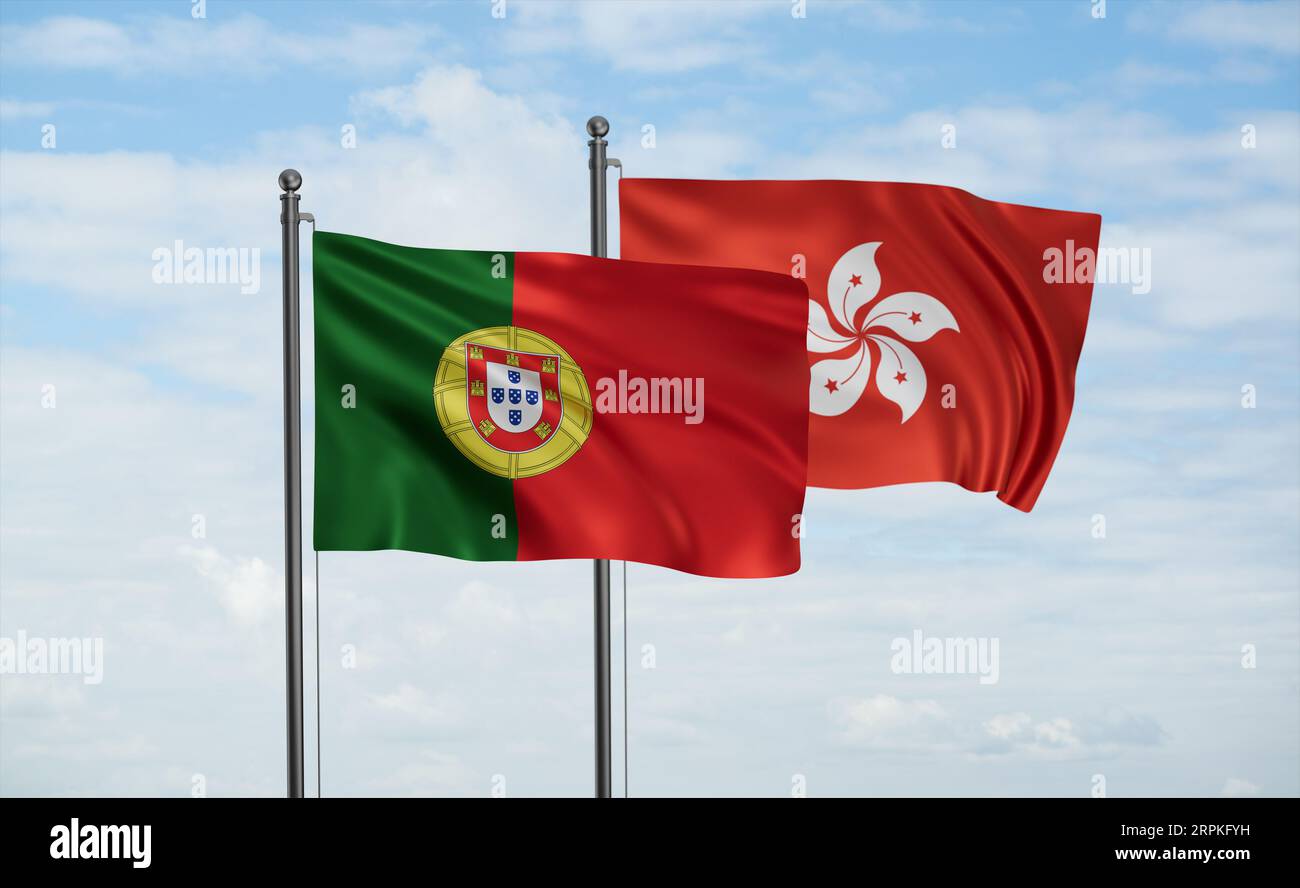 Hong Kong Flag And Portugal Flag Waving Together On Blue Sky Two