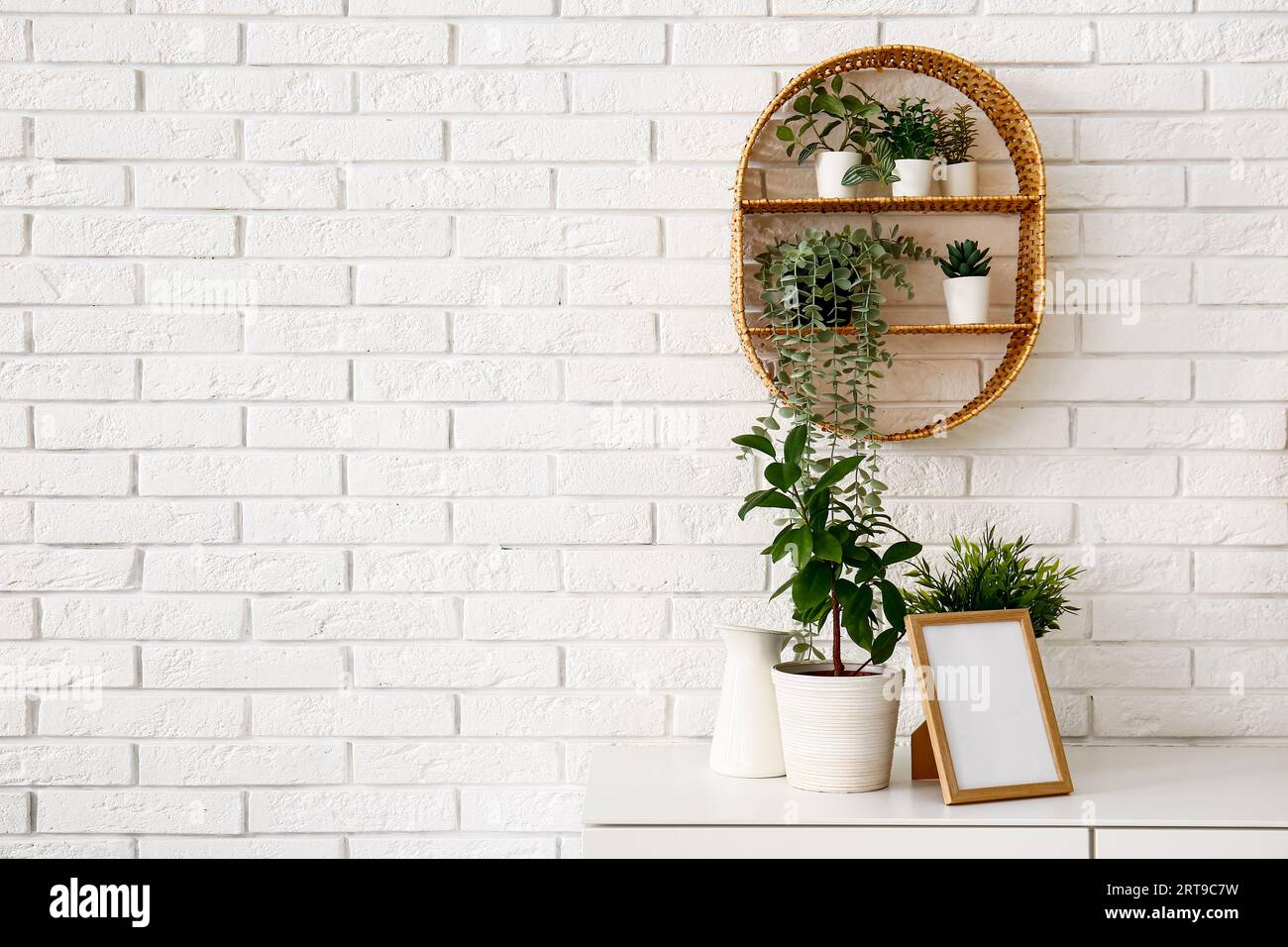 Green Houseplants With Frame On Chest Of Drawers Near White Brick Wall