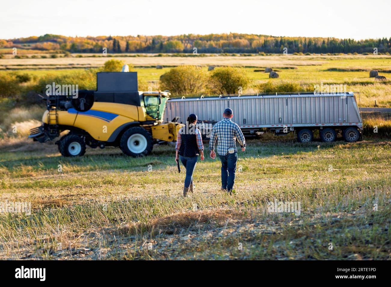 View Taken From Behind Of A Farm Couple Walking Towards A Combine