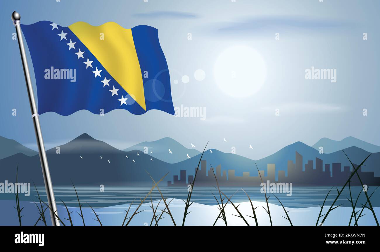 Bosnia And Herzegovina Flag With Sun Background Of Mountains And Lakes