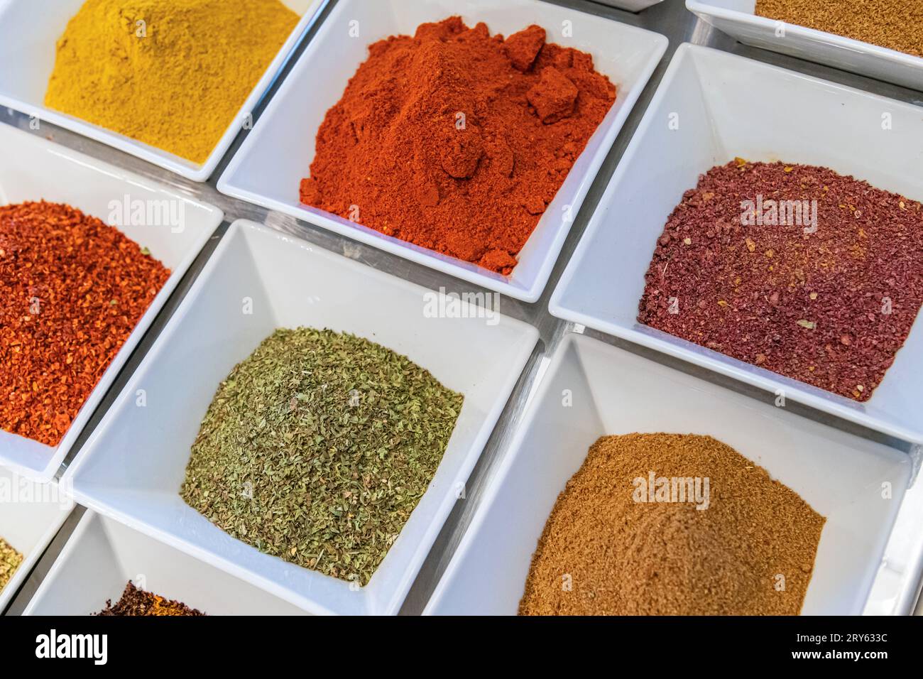 Top View Of Powdered Spices In White Porcelain Bowls Stock Photo Alamy