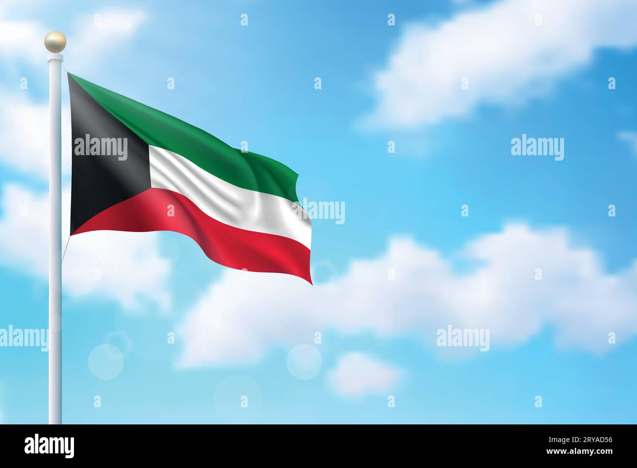 Waving Flag Of Kuwait On Sky Background Template For Independence Day