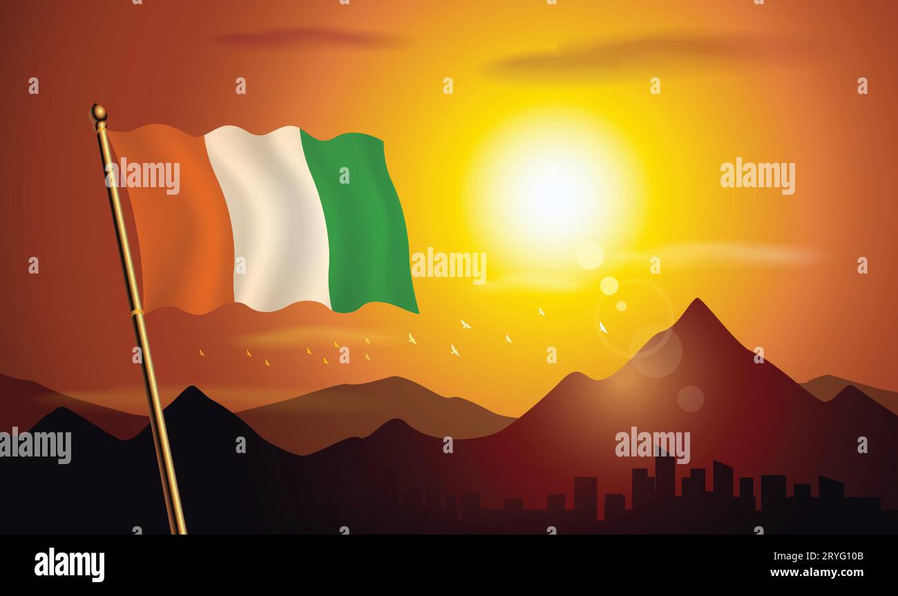 Cote D Ivoire Flag With Sunset Background Of Mountains And Lakes Stock