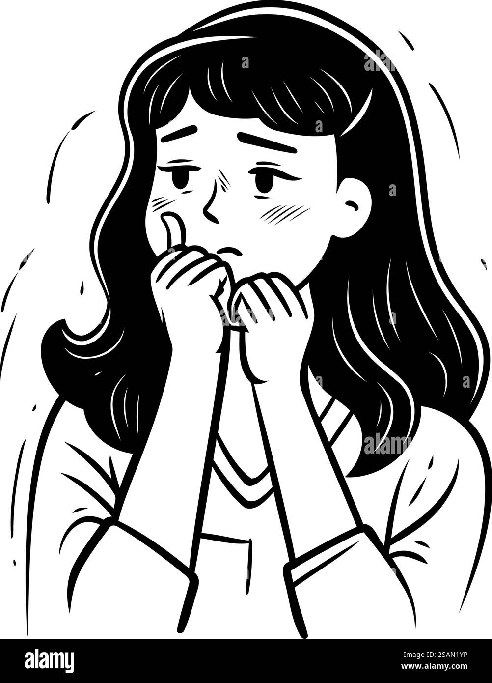 Girl Thinks About Something Vector Illustration In Black And White