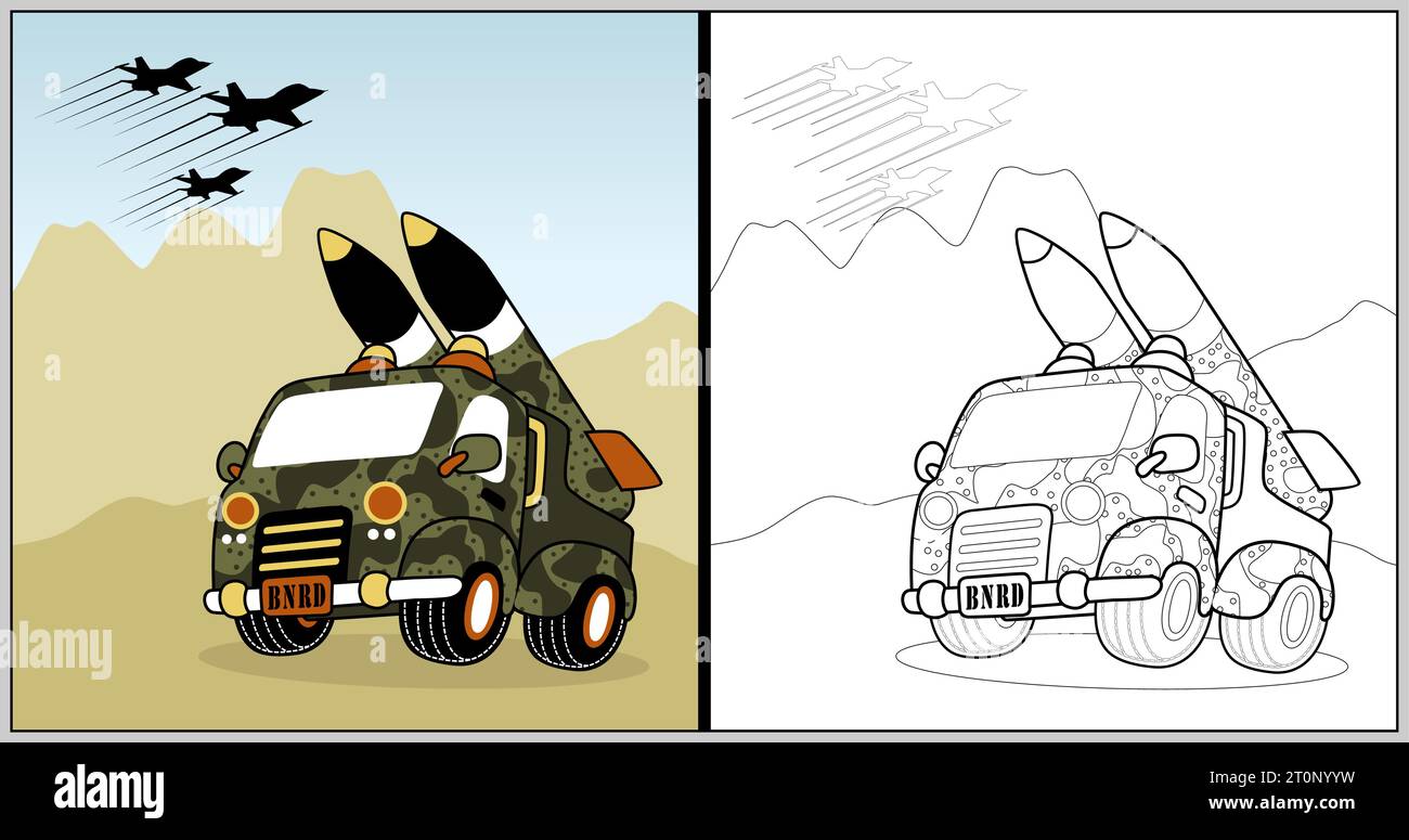 Vector Cartoon Of Military Truck With Missile Coloring Book Or Page