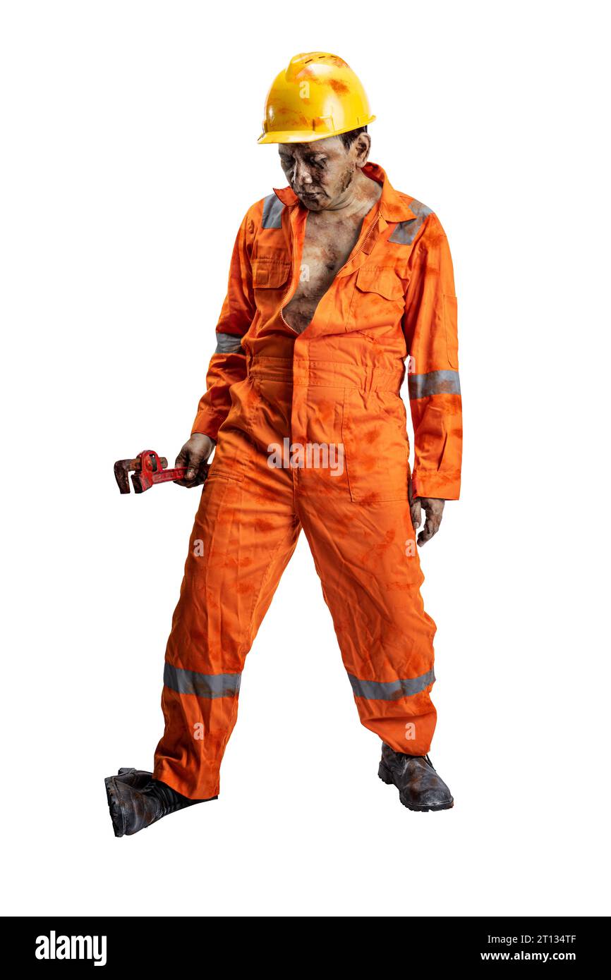 A Scary Construction Worker Zombie With Blood And Wounds On His Body