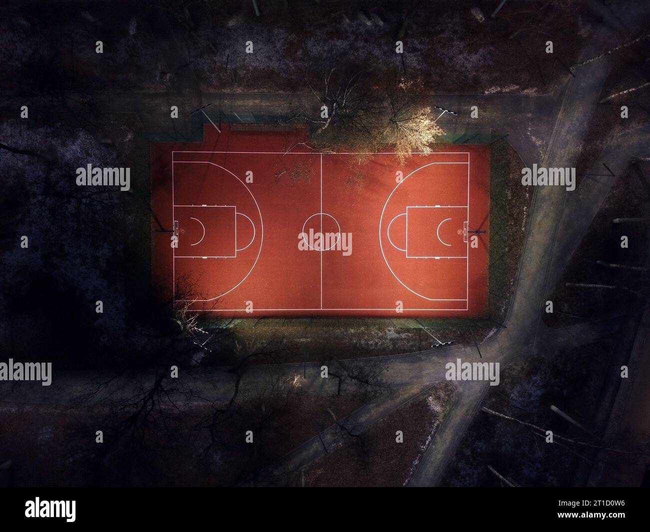 Aerial View Outdoor Public Basketball Court At Night Nobody Stock