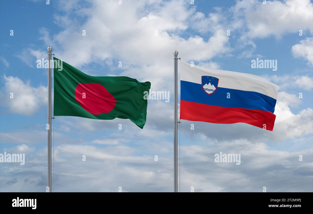 Slovenia And Bangladesh Flags Waving Together In The Wind On Blue