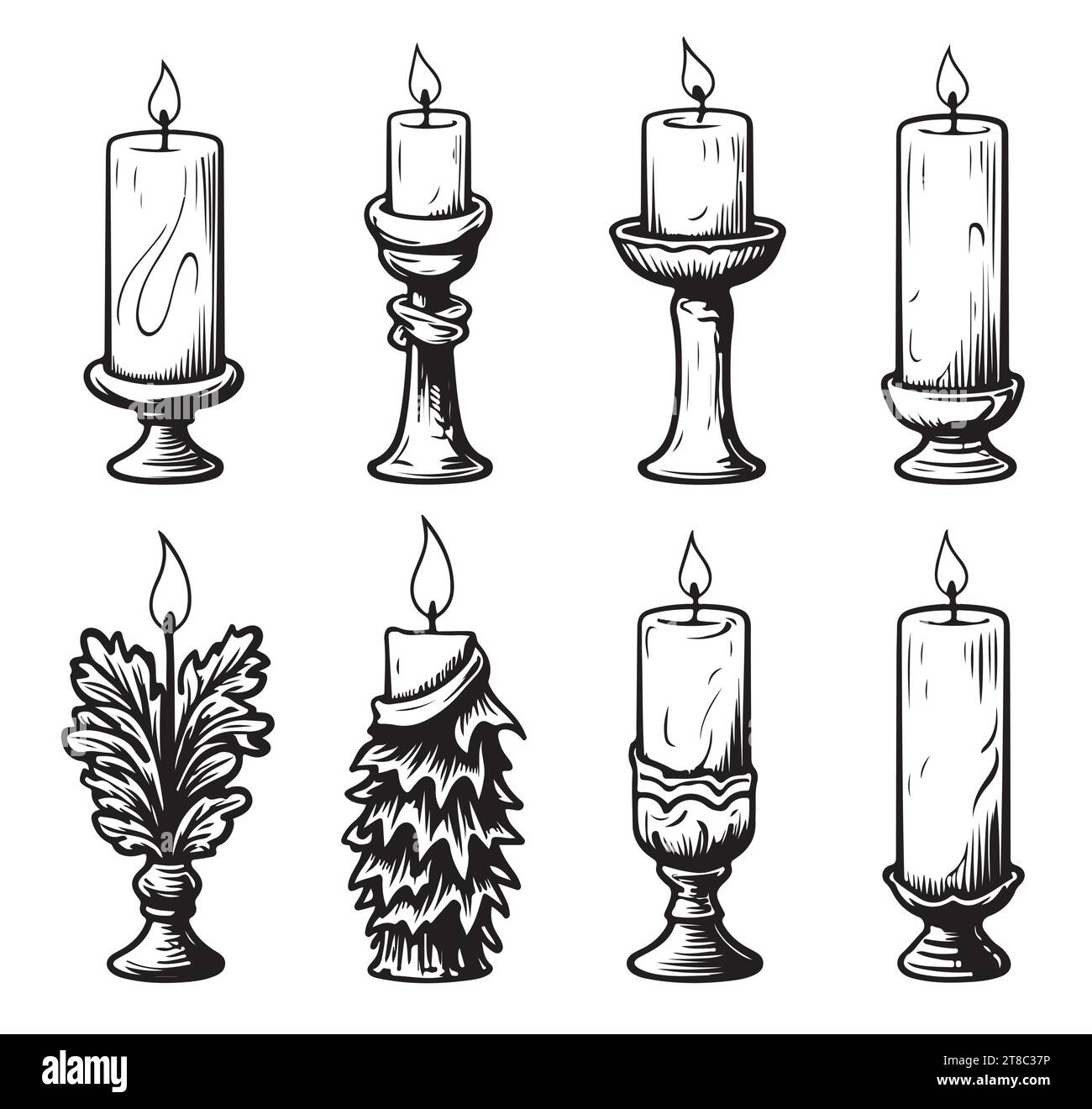 Candle Hand Drawn Set Vector Burning Candles Sketch On White